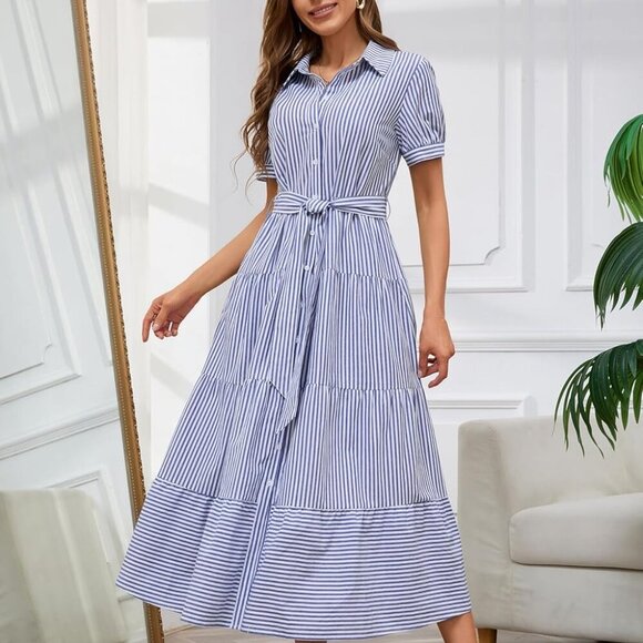 Womens Casual Short Sleeve Button Down Tie Waist Ruffled Striped Maxi Shirt Dres - Picture 6 of 7